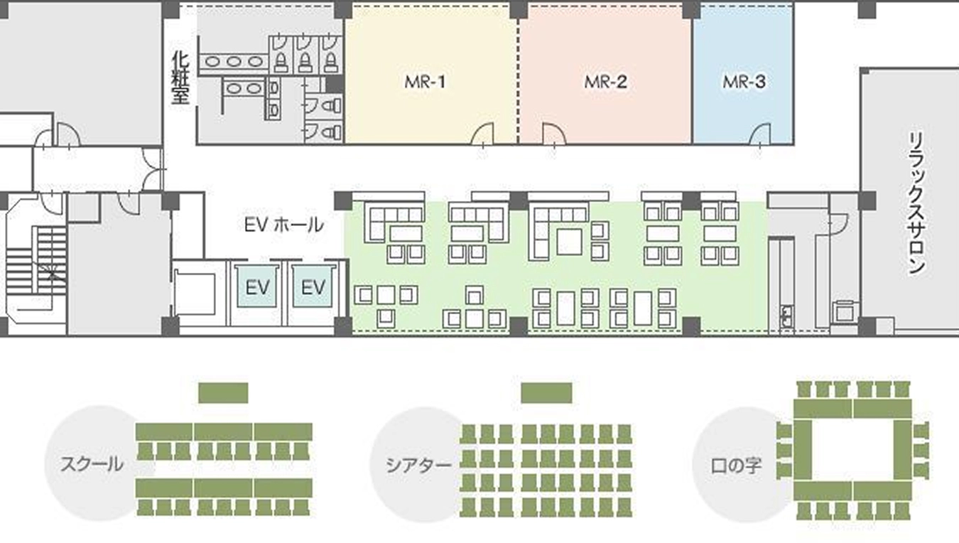 会議室MR-1〜MR-3の配置図と、スクール・シアター・ロの字のレイアウト例